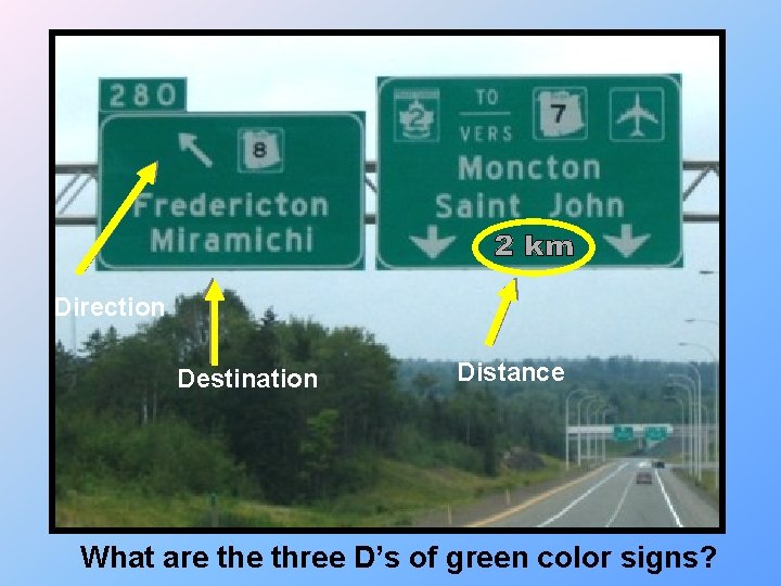 Direction Destination Distance What are three D’s of green color signs? 
