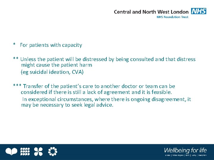 * For patients with capacity ** Unless the patient will be distressed by being