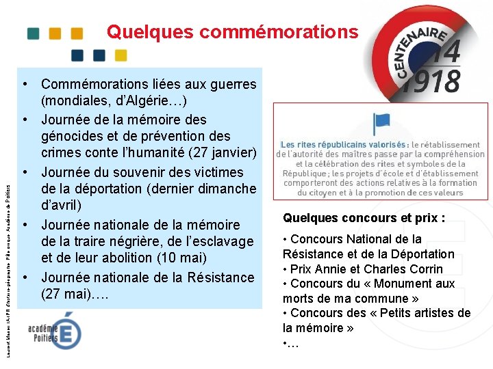 Laurent Marien, IA-IPR d’histoire-géographie, Pôle civique, Académie de Poitiers Quelques commémorations • Commémorations liées