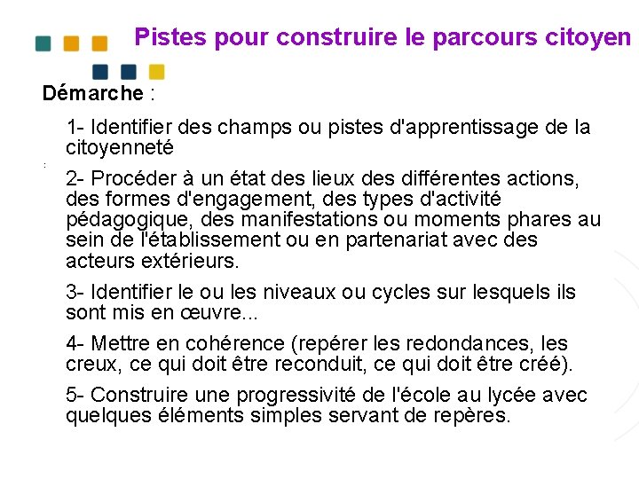 Pistes pour construire le parcours citoyen Démarche : : 1 - Identifier des champs