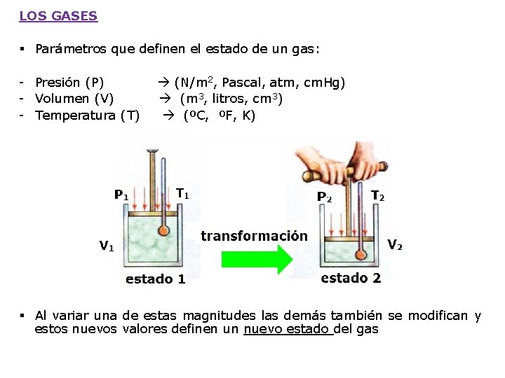 LOS GASES § Parámetros que definen el estado de un gas: - Presión (P) LOS GASES § Parámetros que definen el estado de un gas: - Presión (P)