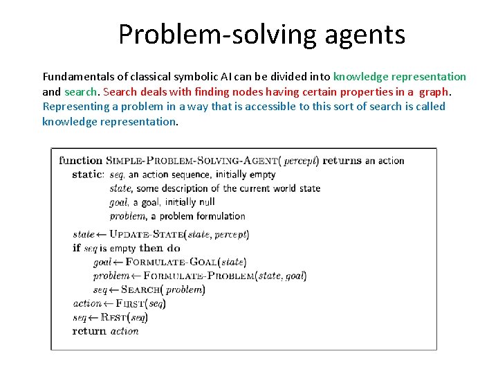 Problem-solving agents Fundamentals of classical symbolic AI can be divided into knowledge representation and