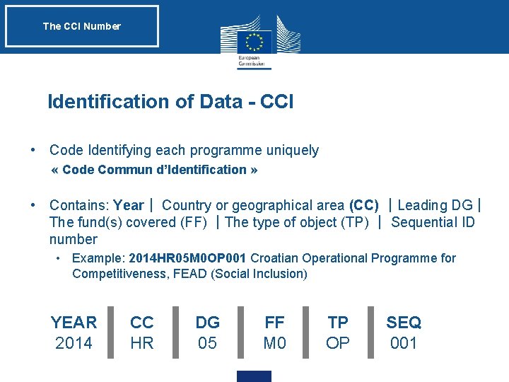 The CCI Number Identification of Data - CCI • Code Identifying each programme uniquely