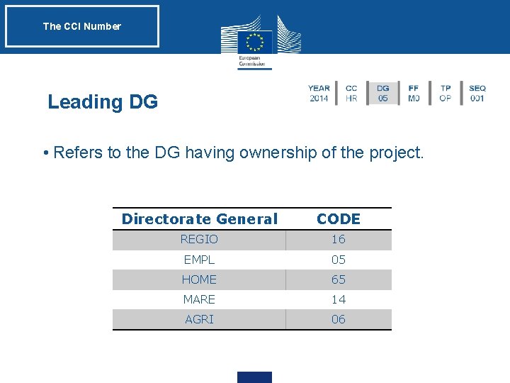 The CCI Number Leading DG • Refers to the DG having ownership of the