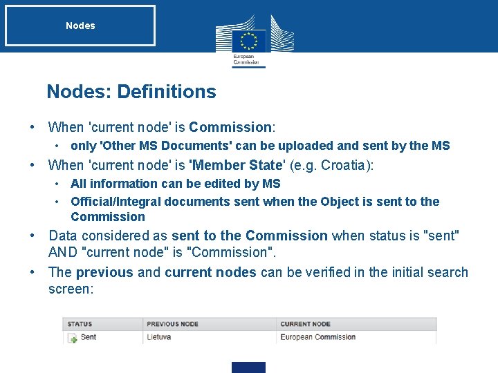 Nodes: Definitions • When 'current node' is Commission: • only 'Other MS Documents' can