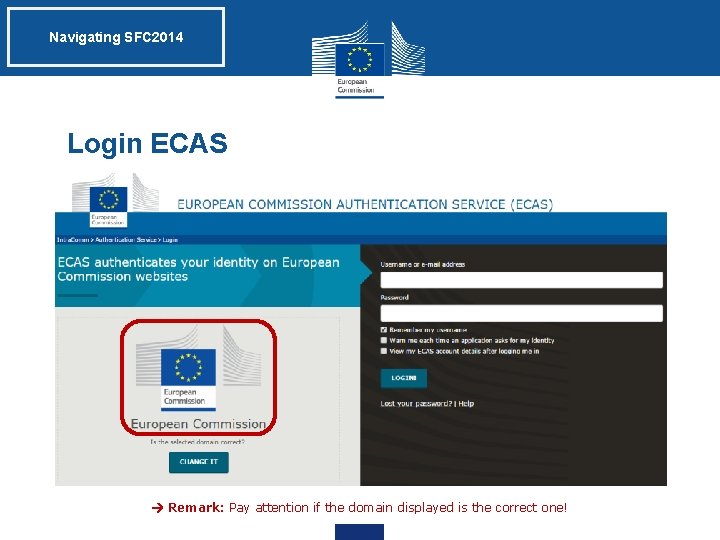 Navigating SFC 2014 Login ECAS Remark: Pay attention if the domain displayed is the