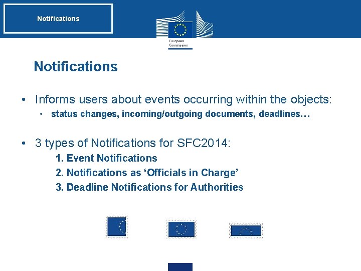 Notifications • Informs users about events occurring within the objects: • status changes, incoming/outgoing