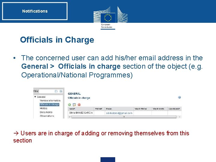 Notifications Officials in Charge • The concerned user can add his/her email address in