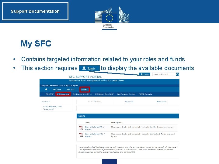 Support Documentation My SFC • Contains targeted information related to your roles and funds