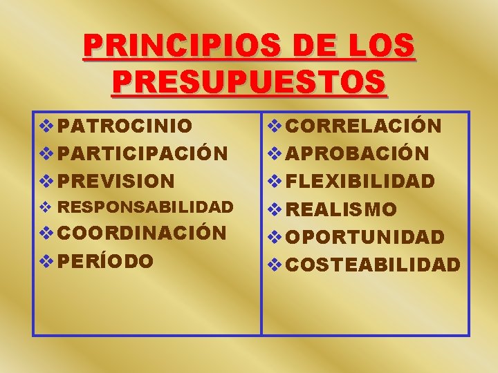 PRINCIPIOS DE LOS PRESUPUESTOS v PATROCINIO v PARTICIPACIÓN v PREVISION v RESPONSABILIDAD v COORDINACIÓN