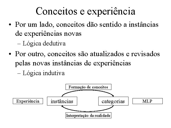 Conceitos e experiência • Por um lado, conceitos dão sentido a instâncias de experiências