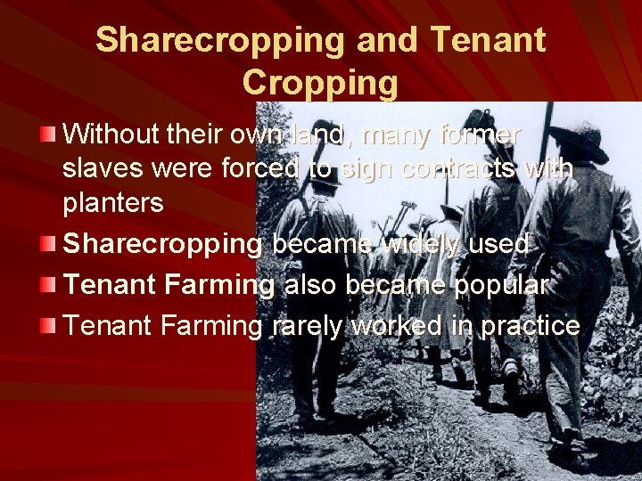 Sharecropping and Tenant Cropping Without their own land, many former slaves were forced to