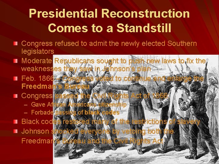 Presidential Reconstruction Comes to a Standstill Congress refused to admit the newly elected Southern
