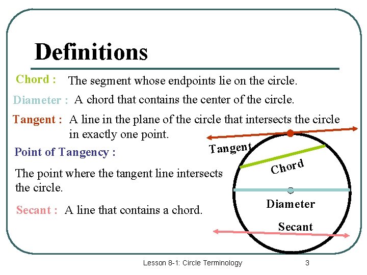 Definitions Chord : The segment whose endpoints lie on the circle. Diameter : A Definitions Chord : The segment whose endpoints lie on the circle. Diameter : A