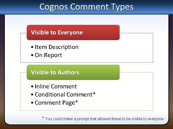 Cognos Comment Types Visible to Everyone • Item Description • On Report Visible to