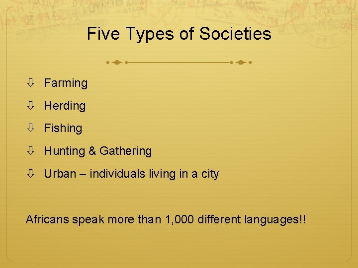 Five Types of Societies Farming Herding Fishing Hunting & Gathering Urban – individuals living