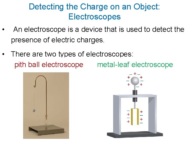 Detecting the Charge on an Object: Electroscopes • An electroscope is a device that