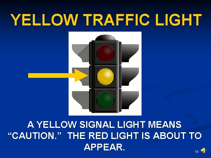 YELLOW TRAFFIC LIGHT A YELLOW SIGNAL LIGHT MEANS “CAUTION. ” THE RED LIGHT IS