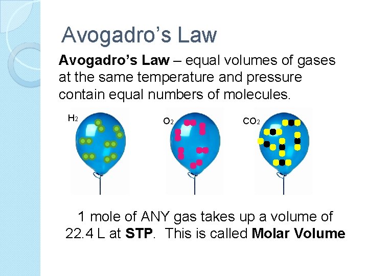 Avogadro’s Law – equal volumes of gases at the same temperature and pressure contain
