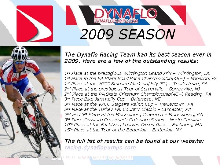 2009 SEASON The Dynaflo Racing Team had its best season ever in 2009. Here