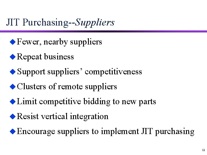 JIT Purchasing--Suppliers u Fewer, nearby suppliers u Repeat business u Support suppliers’ competitiveness u