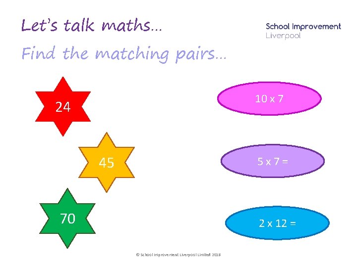 Let’s talk maths… Find the matching pairs… 10 x 7 24 45 5 x