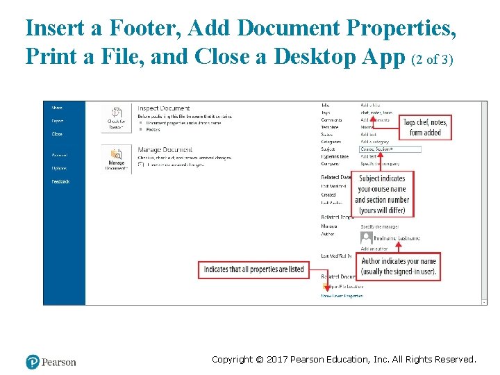 Insert a Footer, Add Document Properties, Print a File, and Close a Desktop App