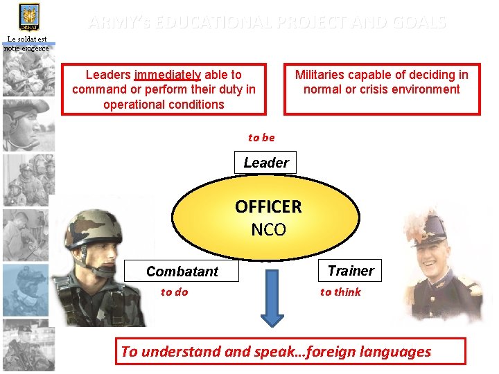 ARMY’s EDUCATIONAL PROJECT AND GOALS Le soldat est notre exigence Leaders immediately able to