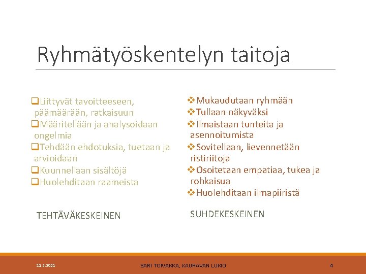 Ryhmätyöskentelyn taitoja q. Liittyvät tavoitteeseen, päämäärään, ratkaisuun q. Määritellään ja analysoidaan ongelmia q. Tehdään