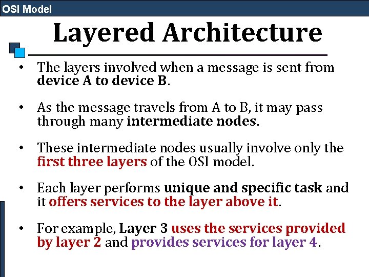 OSI Model Layered Architecture • The layers involved when a message is sent from