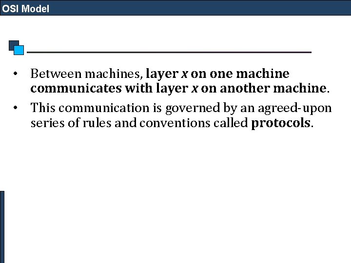 OSI Model • Between machines, layer x on one machine communicates with layer x