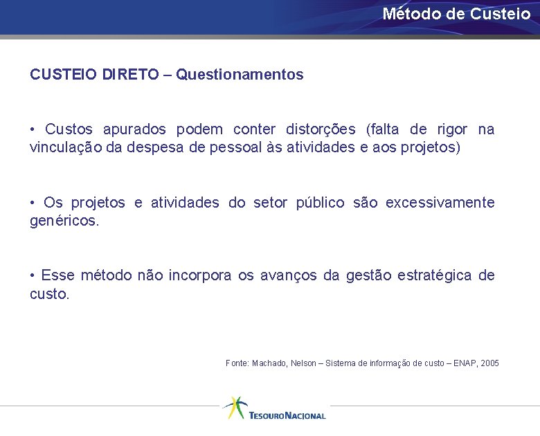 Método de Custeio CUSTEIO DIRETO – Questionamentos • Custos apurados podem conter distorções (falta