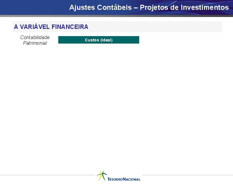 Ajustes Contábeis – Projetos de Investimentos A VARIÁVEL FINANCEIRA Contabilidade Patrimonial Despesa Orçamentária Custos