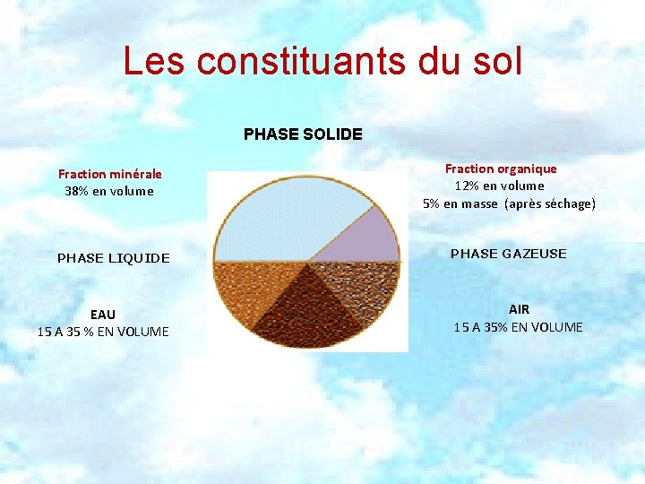 Les constituants du sol PHASE SOLIDE Fraction minérale 38% en volume PHASE LIQUIDE EAU