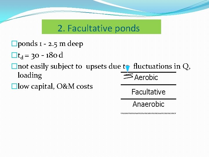 2. Facultative ponds �ponds 1 - 2. 5 m deep �td = 30 - 2. Facultative ponds �ponds 1 - 2. 5 m deep �td = 30 -