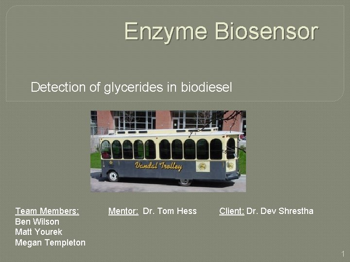 Enzyme Biosensor Detection of glycerides in biodiesel Team Members: Ben Wilson Matt Yourek Megan