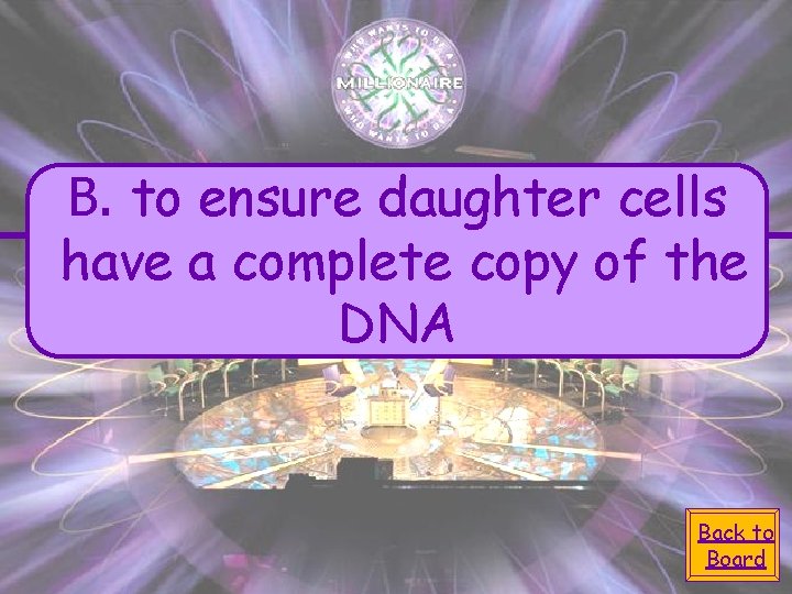 B. to ensure daughter cells have a complete copy of the DNA Back to B. to ensure daughter cells have a complete copy of the DNA Back to