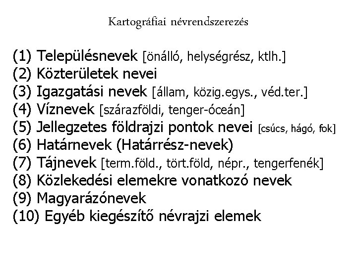 Kartográfiai névrendszerezés (1) Településnevek [önálló, helységrész, ktlh. ] (2) Közterületek nevei (3) Igazgatási nevek