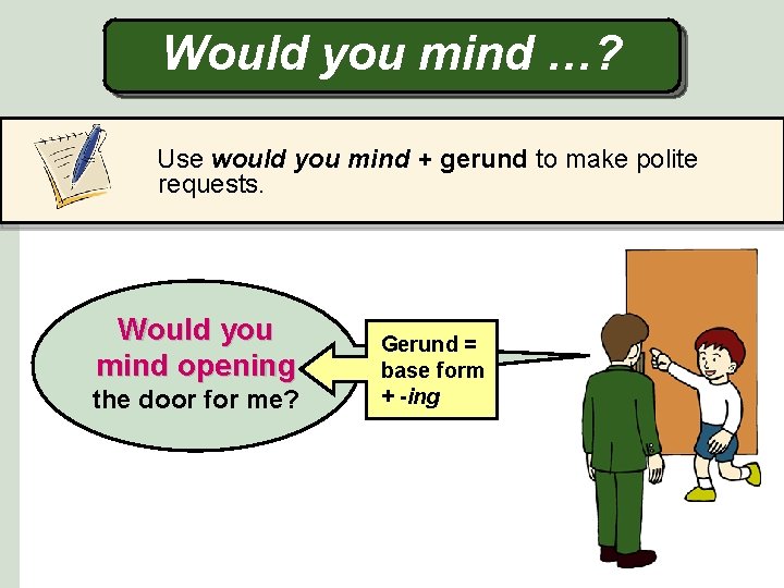 Would you mind …? Use would you mind + gerund to make polite requests.