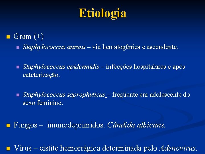 Etiologia n Gram (+) n Staphylococcus aureus – via hematogênica e ascendente. n Staphylococcus