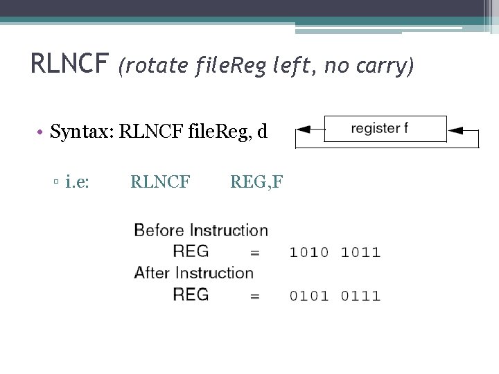 RLNCF (rotate file. Reg left, no carry) • Syntax: RLNCF file. Reg, d ▫