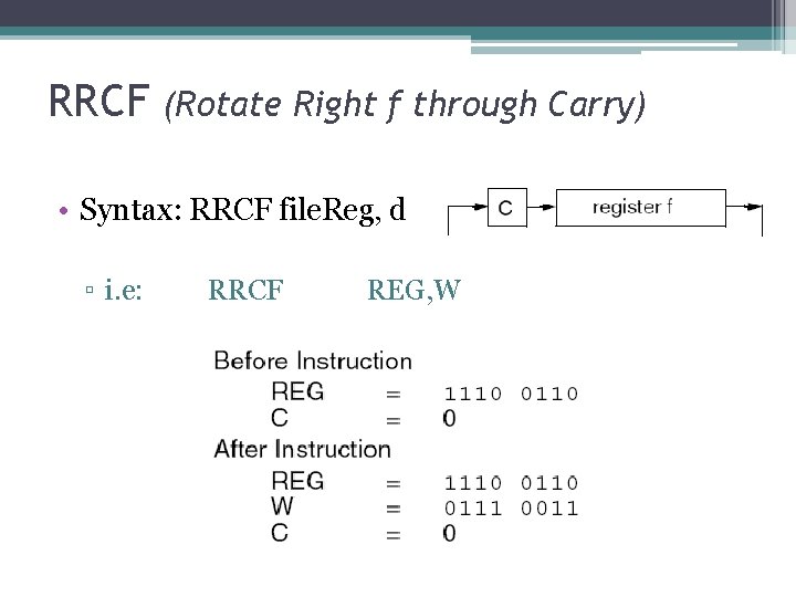 RRCF (Rotate Right f through Carry) • Syntax: RRCF file. Reg, d ▫ i.