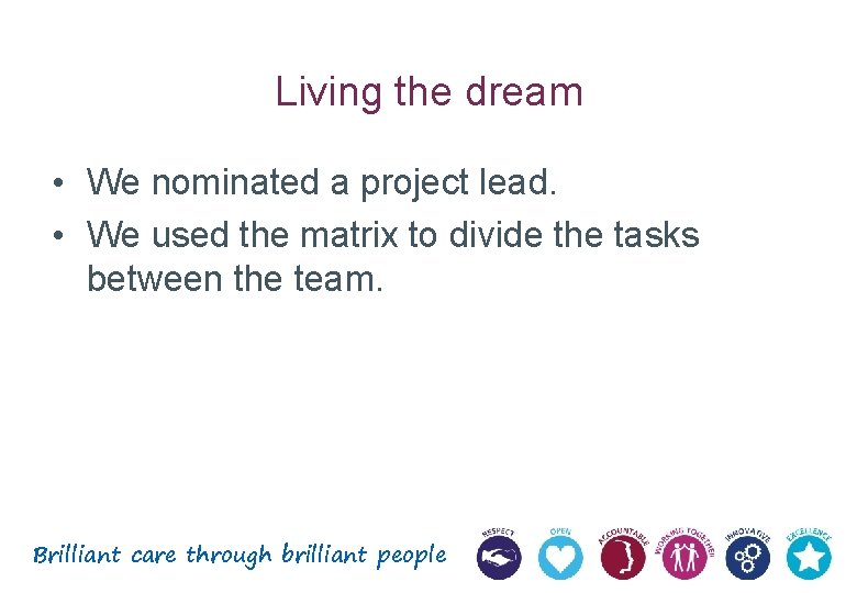 Living the dream • We nominated a project lead. • We used the matrix