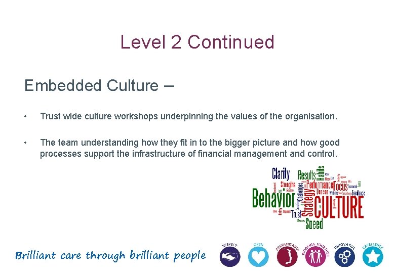 Level 2 Continued Embedded Culture – • Trust wide culture workshops underpinning the values