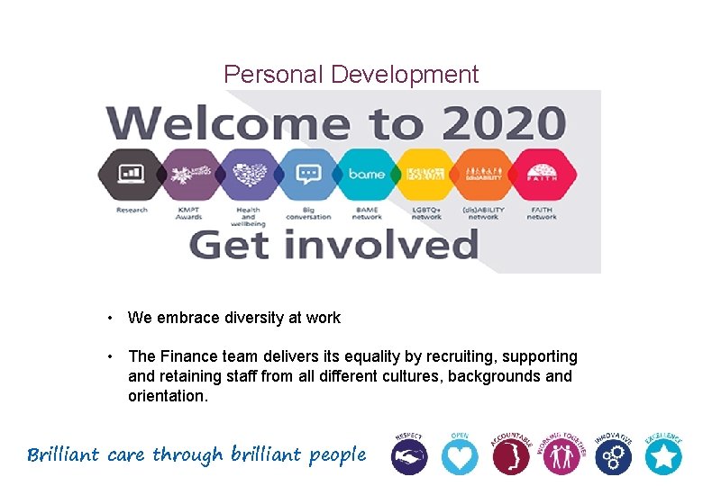 Personal Development • We embrace diversity at work • The Finance team delivers its