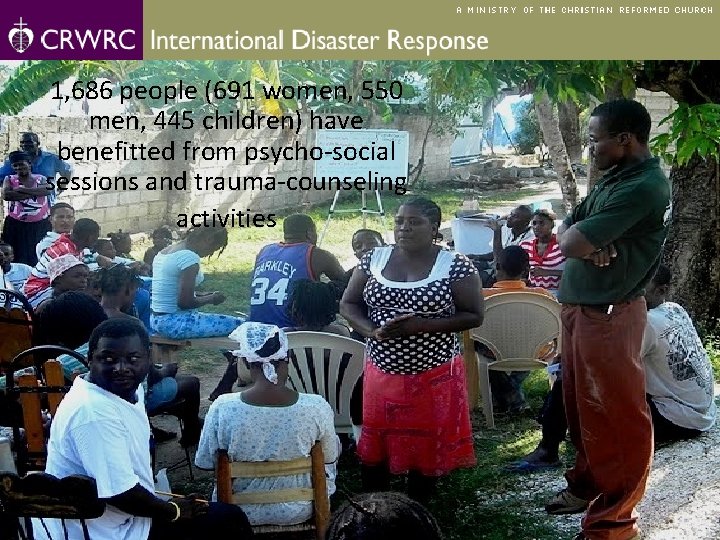 1, 686 people (691 women, 550 men, 445 children) have benefitted from psycho-social sessions