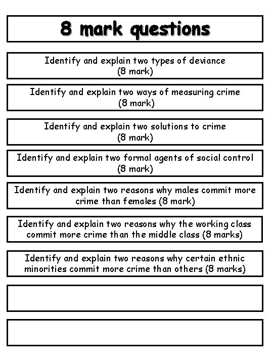 8 mark questions Identify and explain two types of deviance (8 mark) Identify and