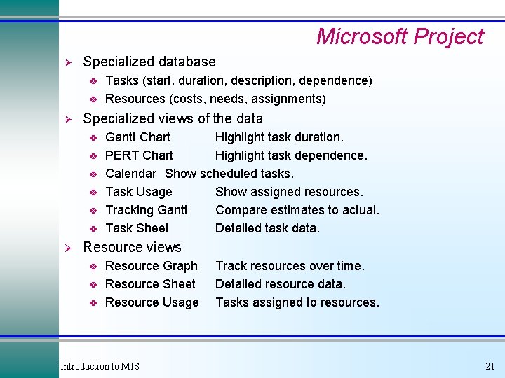 Microsoft Project Ø Specialized database v v Ø Specialized views of the data v