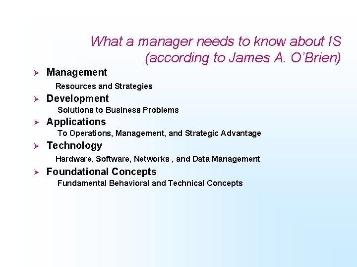 What a manager needs to know about IS (according to James A. O’Brien) Ø