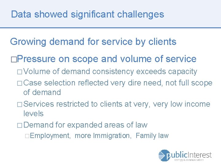 Data showed significant challenges Growing demand for service by clients �Pressure on scope and